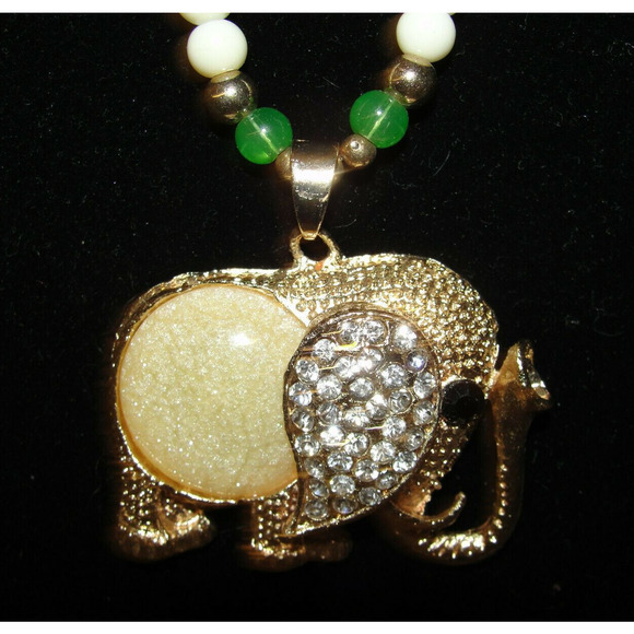 Cute Gold-tone Rhinestone Ear Tusk Up Elephant Pendant Beaded Necklace - Picture 1 of 5